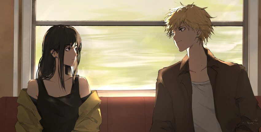 1boy 1girl absurdres black_eyes black_hair black_tank_top brown_jacket chainsaw_man closed_mouth commentary denji_(chainsaw_man) english_commentary highres jacket kumah_dessu long_hair mitaka_asa shirt short_hair sitting tank_top train_interior white_shirt window yellow_jacket