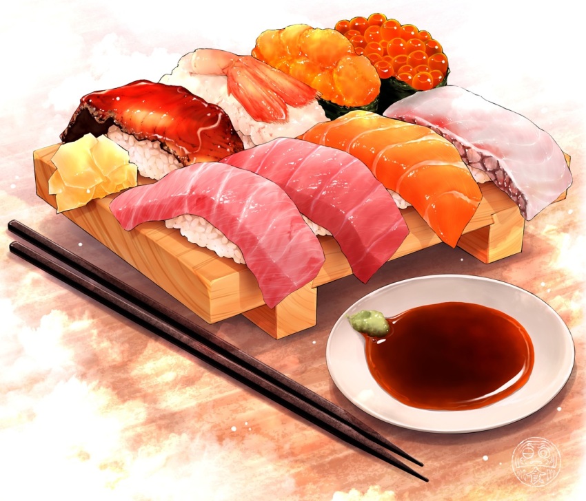 artist_logo chopsticks commentary_request fish_(food) food food_focus logo no_humans ooranokohaku original rice roe sashimi sauce saucer seafood shrimp shrimp_tail soy_sauce still_life sushi table wasabi wooden_plate wooden_table