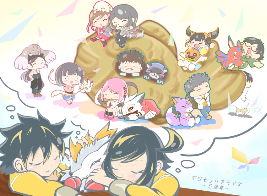 bakumon bearmon black_hair blonde_hair digimon digimon_(creature) digimon_rearise elecmon female_protagonist_(digimon_rearise) futami_eiji hackmon_(digimon) herissmon kohinata_mayu kudamon_(digimon_savers) lopmon male_protagonist_(digimon_rearise) mon_(digimon_rearise) multicolored_hair natsuyagi_kazuma plotmon pumpmon shinjo_michi shinkai_sara short_hair spiral_(digimon) tamada_keito tamada_nozomi translation_request tsukimori_chihiro