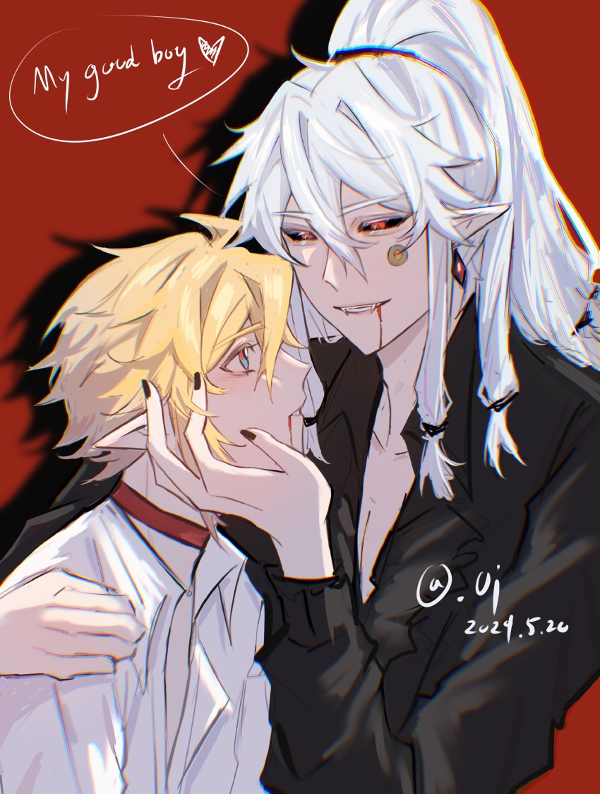 2boys absurdres alternate_costume aotu_world artist_name bishounen black_nails black_sclera black_shirt blonde_hair blood blue_eyes blush choker collared_shirt colored_sclera dated english_text hair_between_eyes highres jewelry king_(aotu_world) long_hair long_sleeves looking_at_another male_focus multiple_boys pale_skin palos_(aotu_world) plutoray pointy_ears ponytail red_background red_choker red_eyes shirt short_hair sidelocks simple_background smile speech_bubble teeth upper_body vampire white_hair white_shirt yaoi