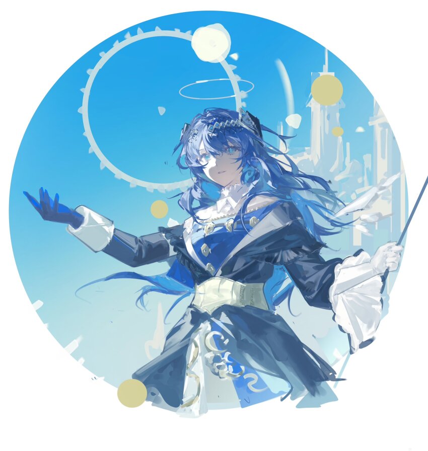 ambience_synesthesia arknights asymmetrical_dress asymmetrical_gloves asymmetrical_sleeves black_dress black_gloves black_horns blue_dress blue_eyes blue_hair brown_corset chinese_commentary collar commentary_request corset cropped_torso detached_collar dress gloves grey_halo halo highres holding_baton horns layered_dress lin_qing_(phosphorus_1104) long_hair looking_at_viewer mismatched_gloves mismatched_sleeves mostima_(arknights) mostima_(ethereal_harmony)_(arknights) official_alternate_costume parted_lips traditional_halo white_collar white_dress white_gloves wide_sleeves