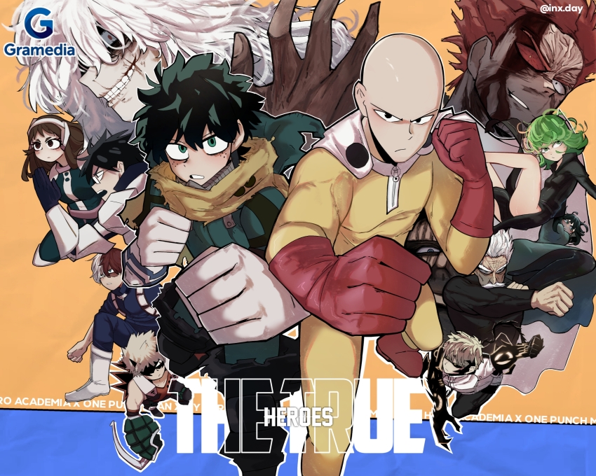 absurdres armor bakugou_katsuki bald bang_(one-punch_man) black_dress black_hair black_sclera blonde_hair blood blood_on_face bodysuit boku_no_hero_academia boots breasts brown_eyes brown_hair cape clenched_hands colored_sclera commentary_request crazy_eyes crazy_grin crazy_smile crossover cyborg dress evil_smile facial_hair fighting_stance frown fubuki_(one-punch_man) garou_(one-punch_man) gauntlets genos glasses gloves green_dress green_eyes green_hair headgear highres iida_tenya indonesian_commentary king_(one-punch_man) medium_breasts midoriya_izuku mismatched_sclera multicolored_hair mustache old old_man one-punch_man red_gloves red_hair red_sclera scar scar_on_face scar_on_mouth serious shigaraki_tomura small_breasts smile split-color_hair superhero_costume tamachi_sa tatsumaki todoroki_shoto two-tone_hair uraraka_ochako veins white_cape white_footwear white_hair yellow_bodysuit yellow_eyes yellow_sclera