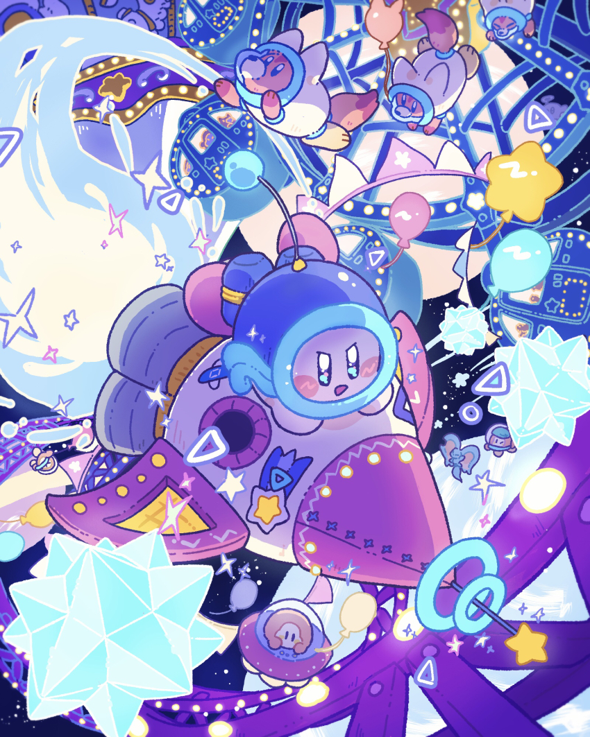 awoofy balloon blush_stickers bright_pupils elfilin ferris_wheel flying harukui helmet highres kirby kirby_(series) kirby_and_the_forgotten_land neon_lights night nintendo no_humans open_mouth rocket space_helmet ufo v-shaped_eyebrows waddle_dee white_pupils