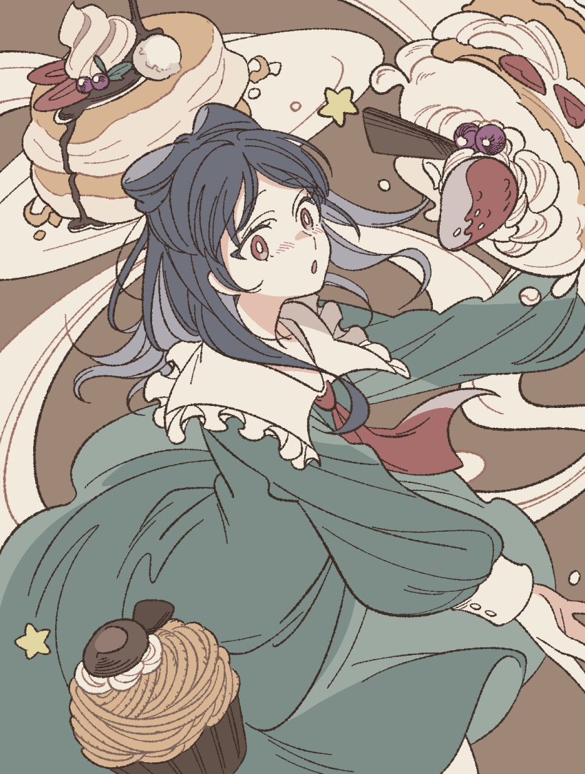 1girl black_hair blush bow brown_eyes cupcake dress food fruit green_dress hair_bow highres long_sleeves miyao_nemu pancake plate solo strawberry whipped_cream witch_watch yoshitaka_(palooo)