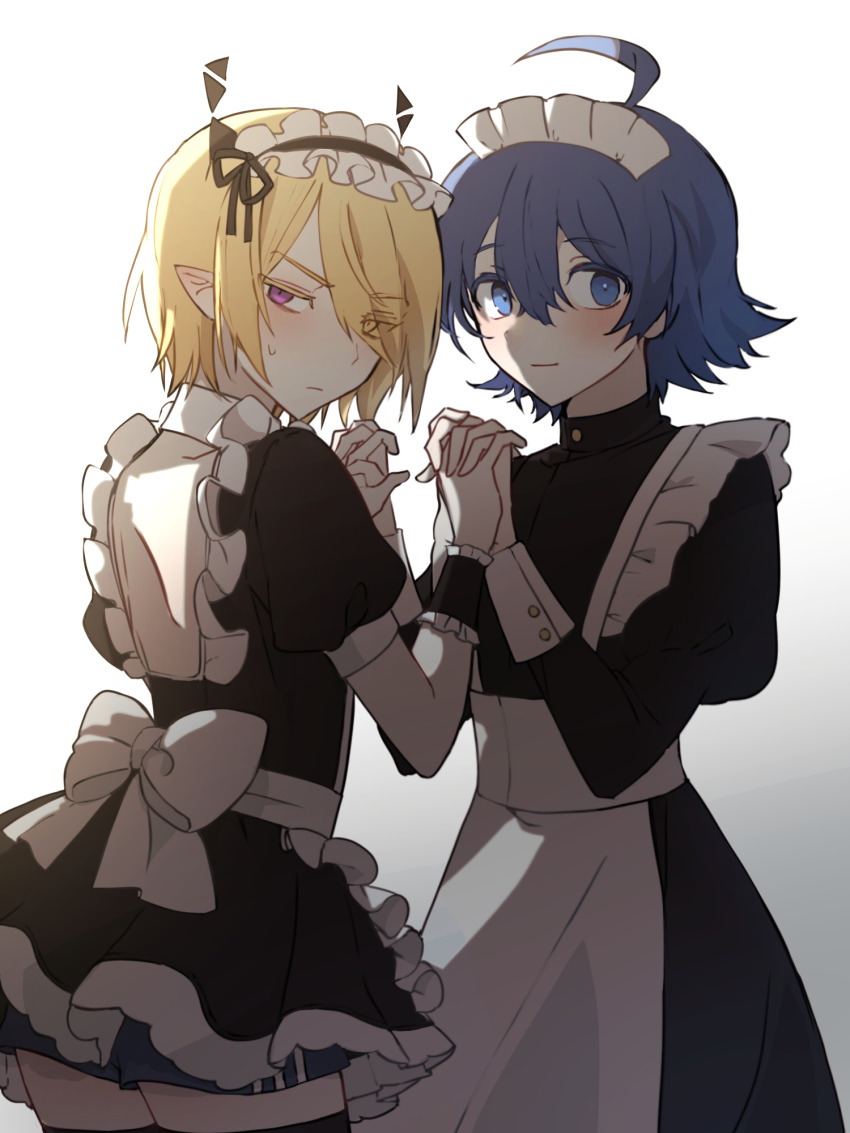 2boys ahoge alternate_costume apron black_thighhighs blonde_hair blue_eyes blue_hair blush bow crossdressing crossdressing_(mtf) enmaided gloves hair_between_eyes highres holding_hands horns long_sleeves looking_at_viewer maid maid_apron maid_headdress mairimashita!_iruma-kun male_focus multiple_boys puffy_long_sleeves puffy_sleeves shax_lead short_hair short_sleeves suzuki_iruma sweatdrop thighhighs white_background white_gloves yellow_eyes zake_(pixiv39811487) zettai_ryouiki