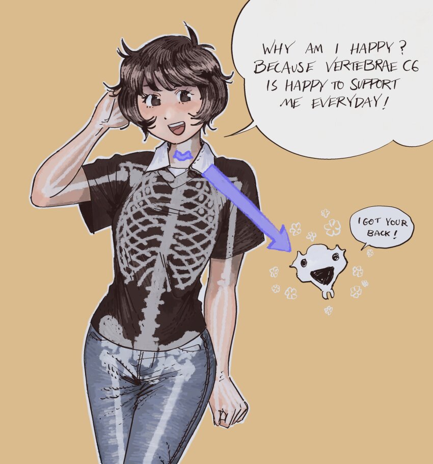 1girl absurdres brown_hair cowboy_shot denim english_text flower heidi_(heytherenrds) highres jeans light_blush original pants short_hair skeleton_print smile solo spine yellow_background