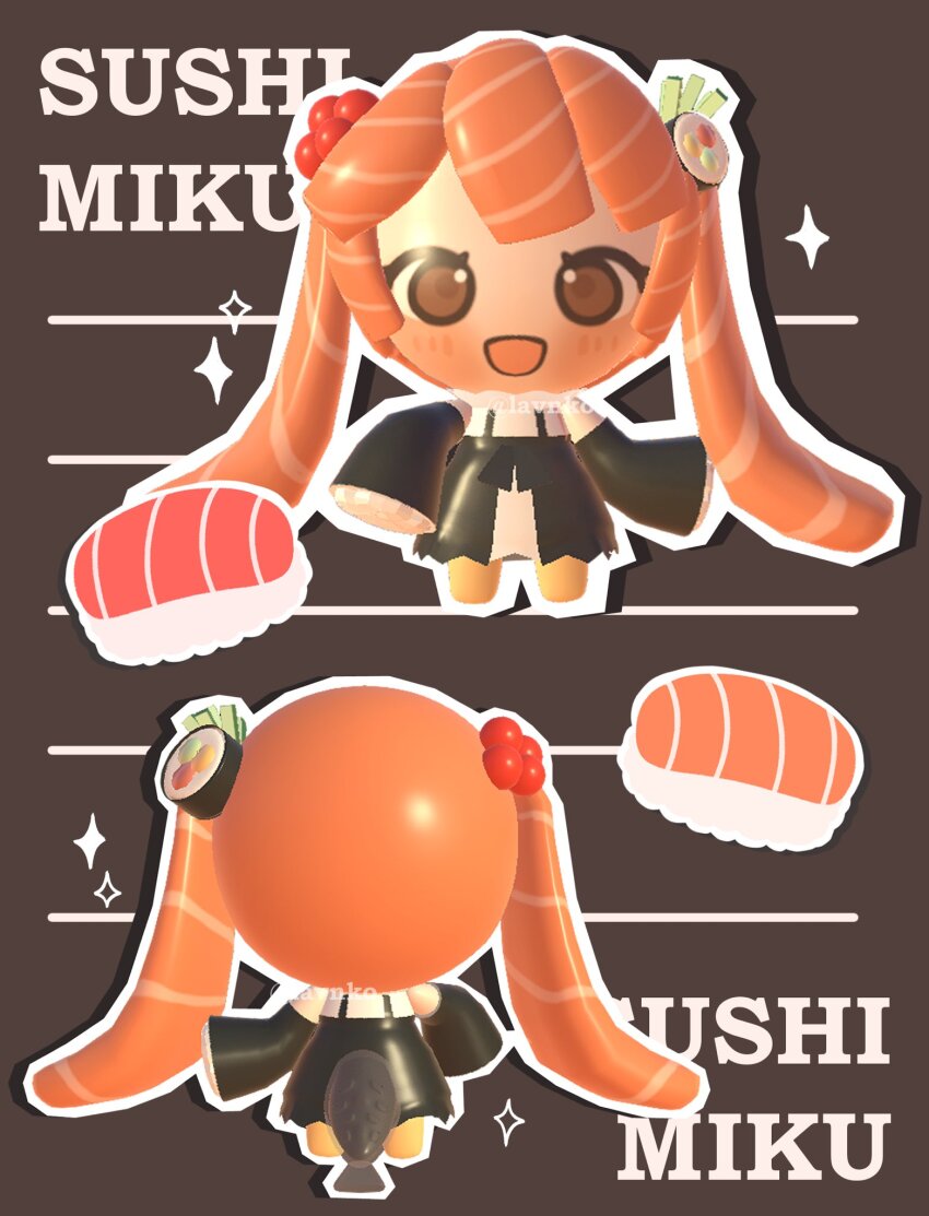 1girl 3d alternate_costume alternate_hair_color blunt_ends blush chibi chibi_only detached_sleeves dress fins fish_(food) fish_tail hatsune_miku highres ikura_(food) lavy_(lavnko) orange_hair sushi_hair_ornament tail twintails vocaloid