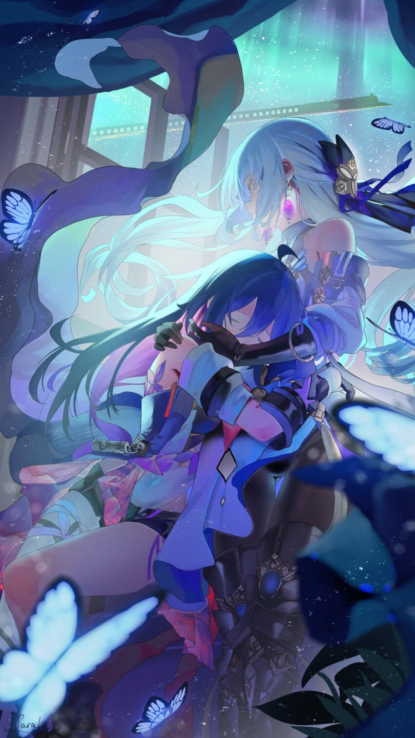 2girls animal bare_shoulders black_shorts blue_hair bronya_rand bug butterfly closed_eyes colored_inner_hair commentary_request couple detached_sleeves earrings elbow_gloves gloves grey_hair hand_on_another&#039;s_face hand_on_another&#039;s_shoulder highres honkai:_star_rail honkai_(series) hug insect jewelry long_hair midriff multicolored_hair multiple_girls navel saraki seele_(honkai:_star_rail) short_shorts shorts train yuri