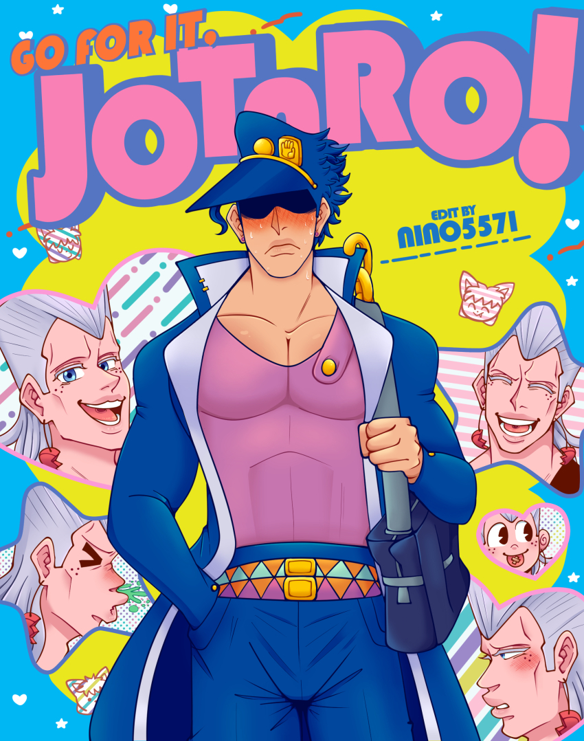 2boys absurdres artist_name bag blue_eyes blush coat facing_viewer full-face_blush ganbare!_nakamura-kun!! grey_hair happy heart highres jean_pierre_polnareff jojo_no_kimyou_na_bouken kuujou_joutarou laughing multiple_boys multiple_views muscular muscular_male nino5571 pants parody school_uniform short_hair smile star_(symbol) stardust_crusaders sweatdrop yaoi