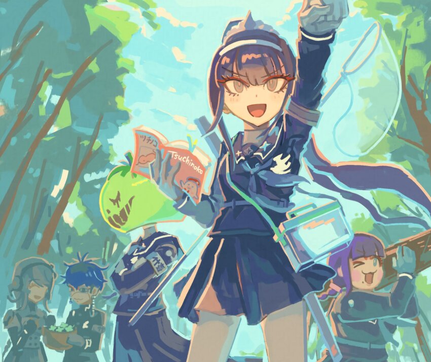 &gt;_o 0sfksqa0zc18805 1boy 4girls :d arm_up armband black_hair black_jacket black_serafuku black_shirt black_skirt blue_hair blue_sky blush_stickers book braid closed_eyes closed_mouth commentary crossed_arms day eyelashes eyepatch gloves grey_armband grey_hair grey_neckerchief hairband highres holding holding_book jacket kirifuji_nozomi long_hair magadori_kyoshika mask miniskirt mojiro_moko mole mole_under_mouth multiple_girls neckerchief omokage_yugamu one_eye_closed oosuzuki_kurara open_mouth outdoors pleated_skirt ponytail print_eyepatch purple_hair school_uniform serafuku shirt short_hair skirt sky smile the_hundred_line_-last_defense_academy- tree tsuchinoko tsurime v-shaped_eyebrows white_gloves white_hairband