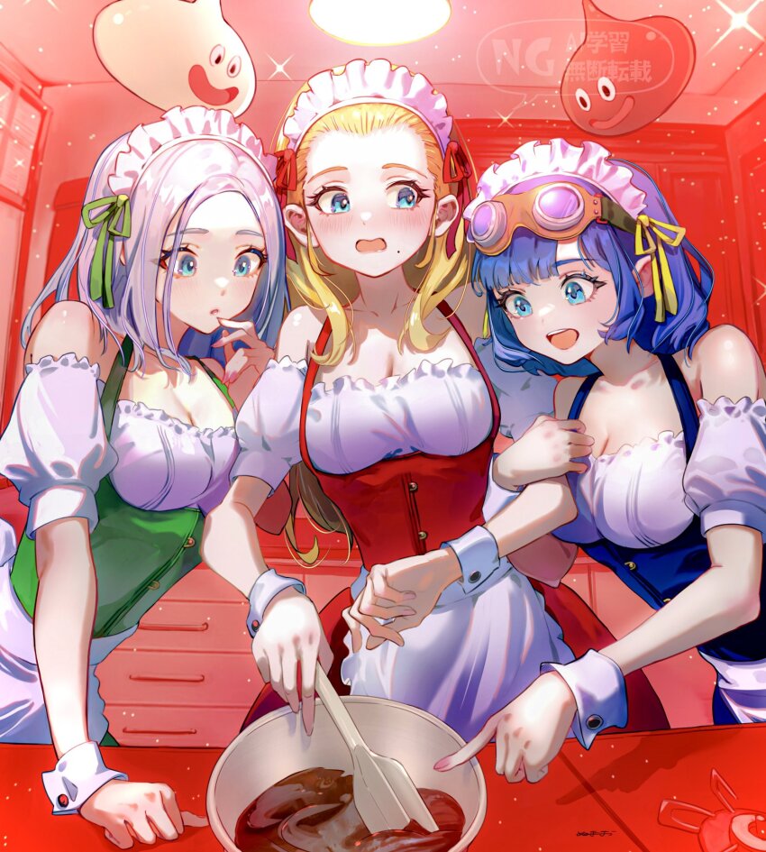 2others 3girls alternate_costume anlucea apron blonde_hair blue_eyes blue_hair blush bob_cut bow bowl breasts chocolate cleavage commentary_request cooking dragon_quest dragon_quest_x goggles goggles_on_head green_bow hair_pulled_back highres holding holding_another&#039;s_arm holding_spatula illusia_(dq10) kitchen large_breasts long_hair looking_at_another looking_down maid_headdress medium_breasts mole mole_under_mouth multiple_girls multiple_others numao_sub off_shoulder open_mouth red_bow seraphy_(dq10) short_hair slime_(dragon_quest) smile spatula stirring stove waist_apron white_apron white_hair wrist_cuffs yellow_bow