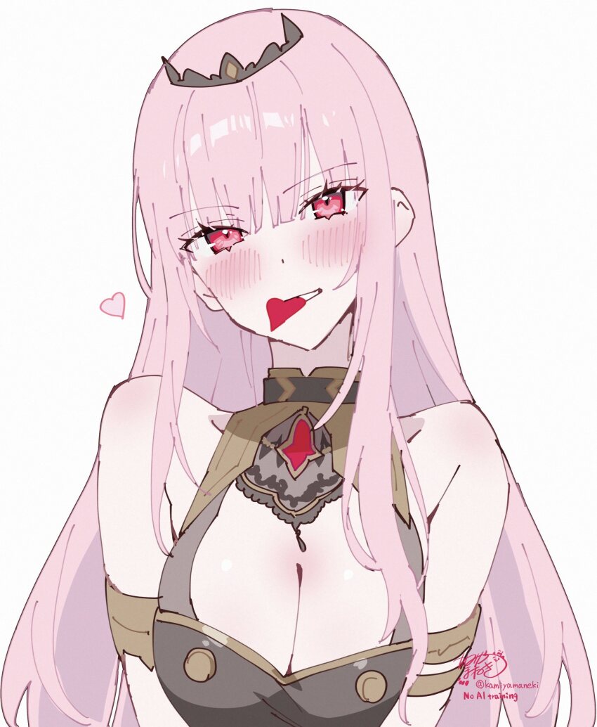 1girl armlet artist_name bare_shoulders black_dress black_tiara blush breasts cleavage collarbone commentary dress grin heart highres hololive hololive_english jewelry kamiya_maneki large_breasts long_hair looking_at_viewer mori_calliope mori_calliope_(1st_costume) mouth_hold pink_eyes pink_hair signature simple_background smile solo tiara twitter_username virtual_youtuber white_background