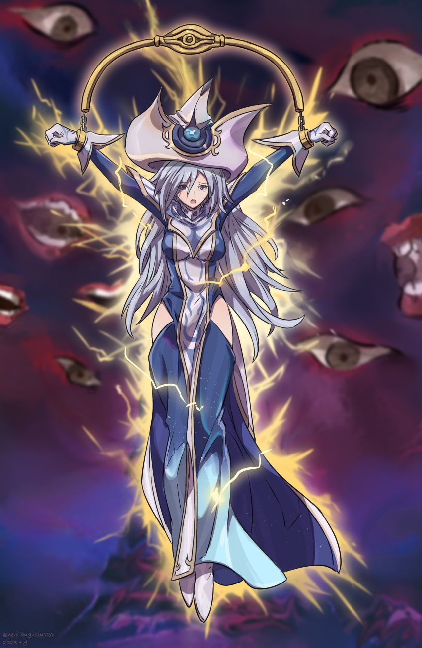 1girl absurdres bdsm blue_dress bondage bound disembodied_eye disembodied_mouth dress duel_monster electricity electrocution gloves grey_hair hanging hat highres hip_vent long_hair looking_at_viewer nero_augustus open_mouth restrained silent_magician tied_up_(nonsexual) white_gloves white_hat wizard_hat yu-gi-oh!