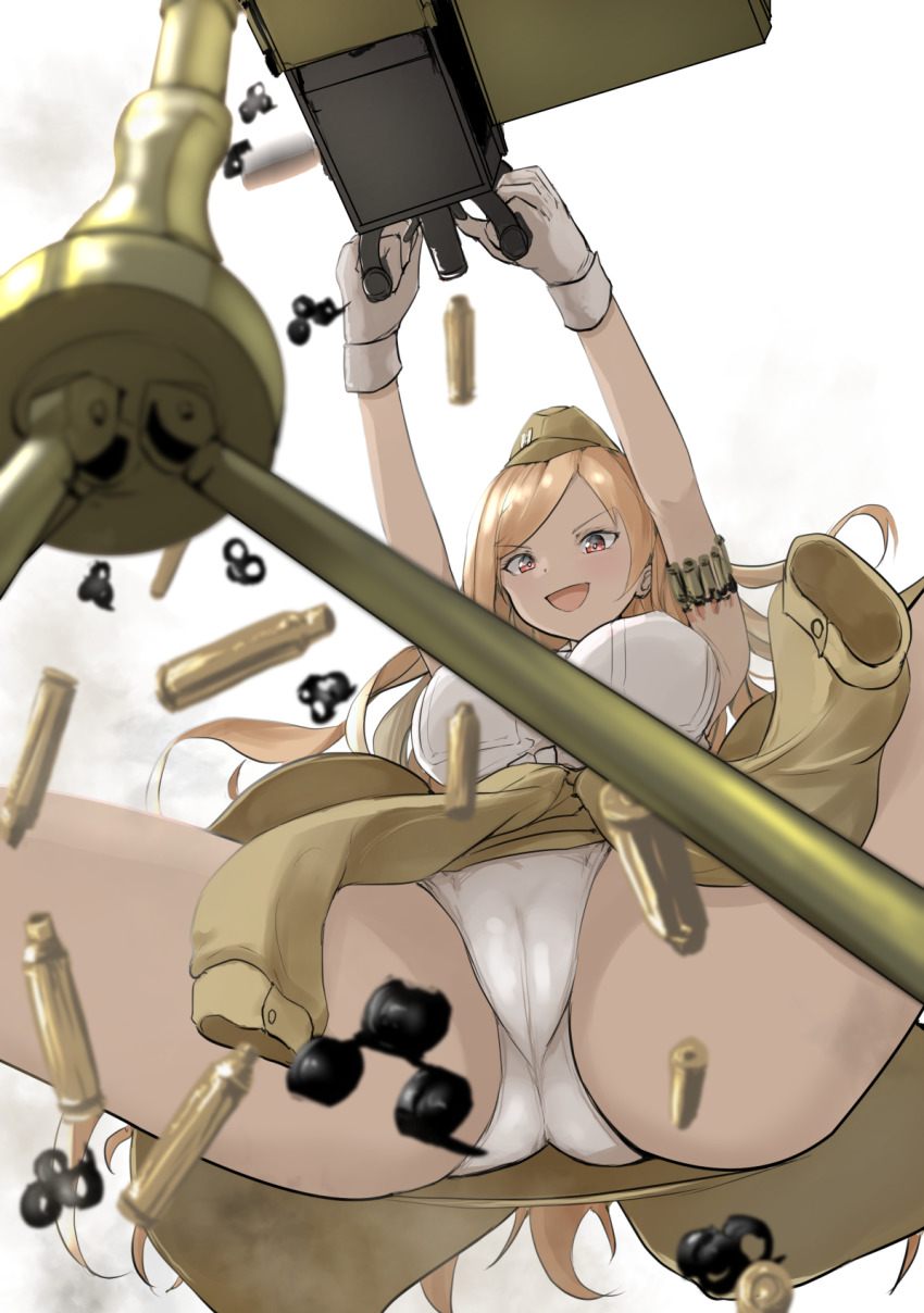 .50_bmg 1girl ammunition ammunition_belt anti-materiel_cartridge blonde_hair breasts browning_m2 bullet shell_casing casing_ejection clothes_around_waist commentary_request crew-served_weapon female_focus firing from_below girls&#039;_frontline gloves green_hat gun hat heavy_machine_gun highres hmg_cartridge jacket jacket_around_waist large_breasts long_hair m2hb_(girls&#039;_frontline) m9_link machine_gun magnum_cartridge match_grade_ammunition military_cartridge open_mouth orange_eyes panties pantyshot rifle_cartridge shell_casing shirt skirt smile solo standing supersonic_ammunition swept_bangs take_(trude1945oneetyan) tied_shirt tripod underwear upskirt weapon white_gloves white_panties white_shirt