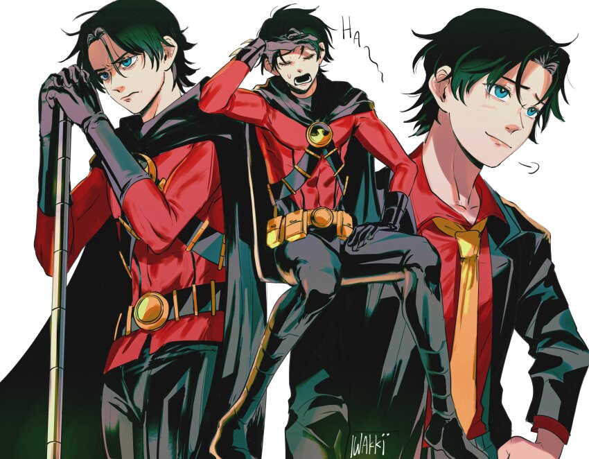1boy absurdres animification batman_(series) belt bishounen black_cape black_footwear black_gloves black_hair blue_eyes cape commentary dc_comics english_commentary formal_clothes gloves highres iwakki lower_teeth_only male_focus necktie red_robin short_hair solo staff teeth tim_drake utility_belt white_background yellow_necktie