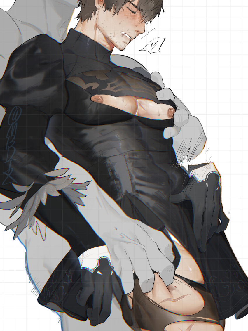 2boys absurdres adventurer_(ff14) bara black_dress black_hair blush cleavage_cutout closed_eyes clothing_cutout cosplay dress facial_hair feather-trimmed_sleeves feather_trim final_fantasy final_fantasy_xiv groping highres holding_another&#039;s_thighs hyur inverted_nipples juliet_sleeves large_pectorals long_sleeves male_focus mbdtz multiple_boys muscular muscular_male nier:automata nier_(series) nipples pectorals puffy_sleeves short_hair thick_thighs thighs two-sided_dress two-sided_fabric warrior_of_light_(ff14) yaoi 2b_(nier:automata) 2b_(nier:automata)_(cosplay)
