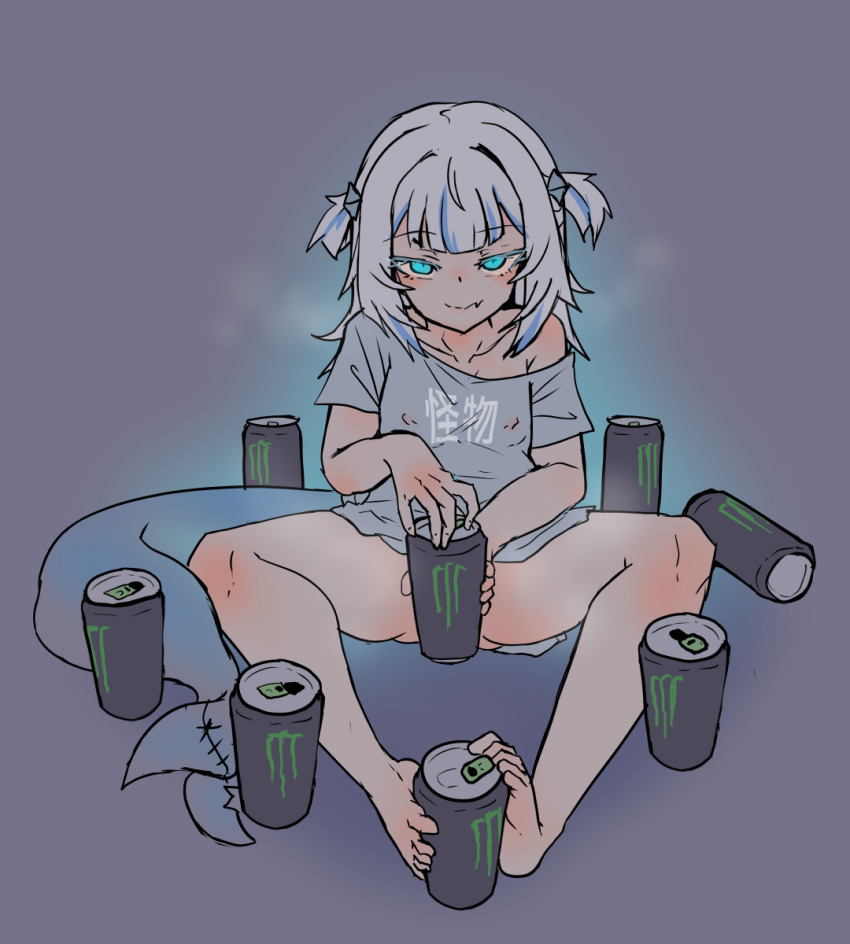 1girl bare_legs barefoot blue_eyes blue_hair blunt_bangs bottomless convenient_censoring energy_drink fang feet fins fish_tail footjob_invitation gawr_gura highres holding_with_feet hololive hololive_english looking_at_viewer medium_hair monster_energy moral_cacoethes multicolored_hair no_panties shark_girl shark_tail shirt skin_fang smile solo streaked_hair tail toes two_side_up virtual_youtuber white_hair