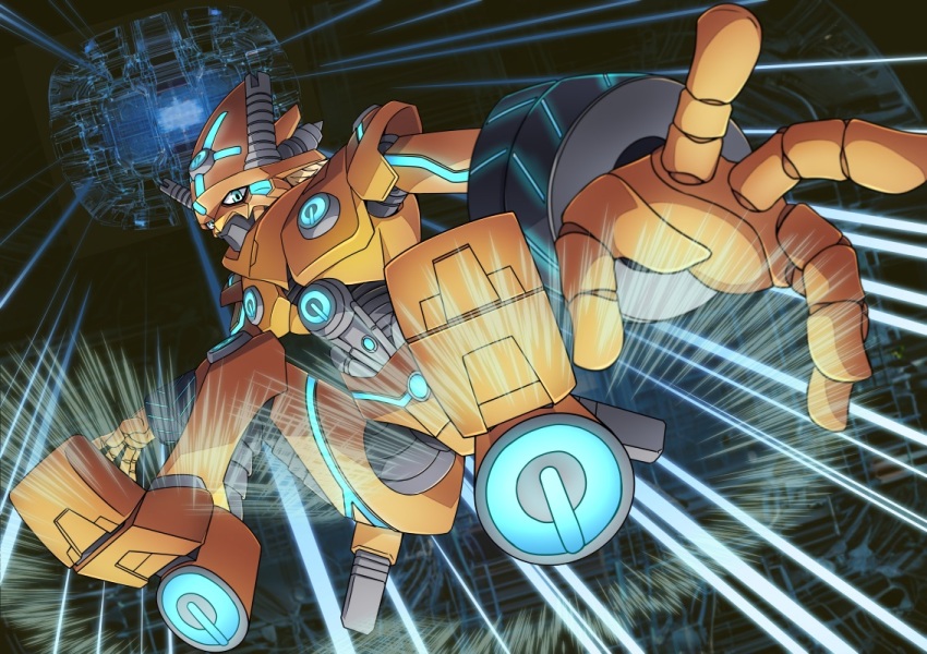 appmon armor blue_eyes bootmon digimon full_armor glowing looking_at_viewer robot