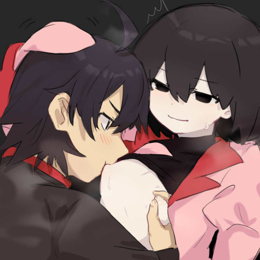 1boy 1girl :3 ^^^ ahoge araragi_koyomi black_background black_eyes black_hair black_jacket black_shirt blush bob_cut breast_sucking breasts closed_mouth clothes_lift commentary empty_eyes foreplay gakuran hair_between_eyes hair_over_one_eye half-closed_eyes hand_on_another&#039;s_head headpat hetero highres jacket juliet_sleeves light_smile long_sleeves monogatari_(series) motion_lines naoetsu_high_school_uniform nipple_stimulation nipple_tweak nipples open_clothes open_shirt oshino_ougi pale_skin pink_shirt puffy_sleeves red_trim school_uniform shirt shirt_lift short_hair sleeves_past_fingers sleeves_past_wrists small_breasts smile sweat sweatdrop tsugumi_(tgm_615486) turtleneck undershirt
