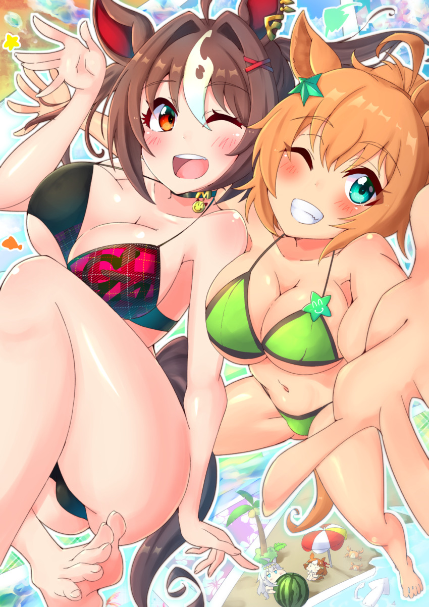 4girls ahoge alternate_costume animal_ears apoj barefoot beach berno_light_(umamusume) blue_eyes blush breasts chibi cleavage collarbone gran_alegria_(umamusume) grey_hair grin highres horse_girl large_breasts multiple_girls navel oguri_cap_(umamusume) open_mouth reaching reaching_towards_viewer smile swimsuit taiki_shuttle_(umamusume) teeth thighs tracen_swimsuit umamusume upper_teeth_only