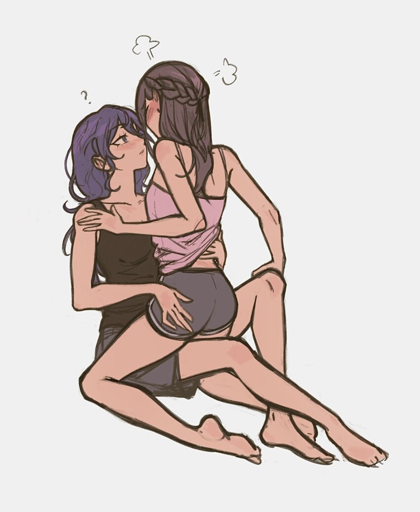 2girls ? asahina_mafuyu bare_arms barefoot black_tank_top blush braid brown_hair camisole camisole_lift clothes_lift commentary english_commentary grey_background grey_shorts half_up_braid hand_on_another&#039;s_back highres leg_between_thighs long_hair magqotq multiple_girls parted_lips pink_camisole project_sekai puff_of_air purple_hair shinonome_ena shorts simple_background tank_top yuri