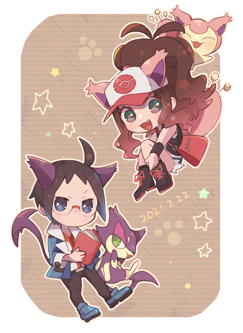 1boy 1girl :d absurdres ahoge animal_ears antenna_hair bag baseball_cap blue_eyes book boots brown_hair cheren_(pokemon) chibi commentary_request eyelashes fang gen_3_pokemon gen_5_pokemon glasses green_eyes hat highres hilda_(pokemon) holding holding_book jacket looking_at_viewer misha_(ohds101) nintendo open_mouth outline pants pokemon pokemon_(creature) pokemon_bw pokemon_tail purrloin shirt shoes shorts sidelocks skitty smile star_(symbol) tail tongue vest