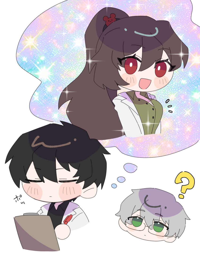 1girl 2boys ayin_(project_moon) benjamin_(project_moon) black_hair blush breasts brown_hair buttons carmen_(project_moon) cleavage closed_eyes coat green_eyes green_shirt grey_hair highres imagining kitaku_(ienikaeru) lab_coat lobotomy_corporation long_hair looking_at_viewer multiple_boys notice_lines ponytail project_moon shirt simple_background white_background white_coat