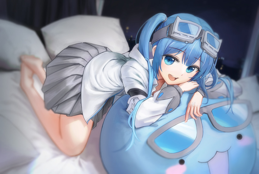 1girl arahashi_tabi arm_pouch arm_rest barefoot blue_eyes blue_hair eyewear_on_head full_body goggles goggles_on_head grey_skirt hair_between_eyes hood hood_down hooded_jacket indoors jacket kneeling leaning_forward leaning_on_object long_hair long_sleeves looking_at_viewer miniskirt multicolored_hair nanairo_(kim0116v) night night_sky on_bed open_mouth pillow pleated_skirt pungdangi_(arahashi_tabi) skirt sky smile solo stellive streaked_hair teeth twintails upper_teeth_only white_jacket window
