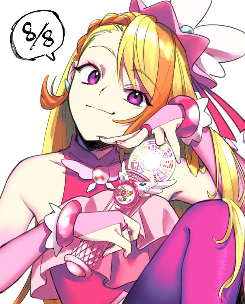 1girl blonde_hair bridal_gauntlets cure_butterfly earrings highres hijiri_ageha hirogaru_sky!_precure jewelry konsuke0 legs long_hair looking_at_viewer magical_girl precure purple_eyes simple_background smile solo striped_hair white_background