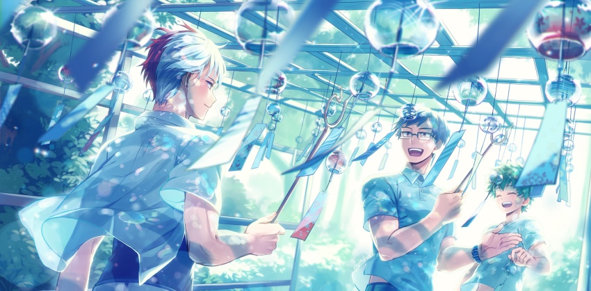 3boys ^_^ artist_name belt bloom blue_hair blue_shirt blue_theme blurry blurry_foreground blush bokeh boku_no_hero_academia closed_eyes closed_mouth clothes_lift collared_shirt depth_of_field diffraction_spikes dress_shirt earrings eye_contact facing_another floating_clothes floating_hair flower_symbol freckles gazebo glasses green_hair hand_up hands_up happy heavy_lens_flare highres holding iida_tenya jewelry lens_flare light looking_at_another lowah male_focus midoriya_izuku multicolored_hair multiple_boys open_hand open_mouth outdoors rainbow_gradient red_eyes red_hair shade shirt shirt_lift short_hair short_sleeves signature single_earring smile sparkle split-color_hair teeth todoroki_shouto tree two-tone_hair undershirt upper_body upper_teeth_only watch white_hair wind wind_chime wind_chime_focus wristwatch