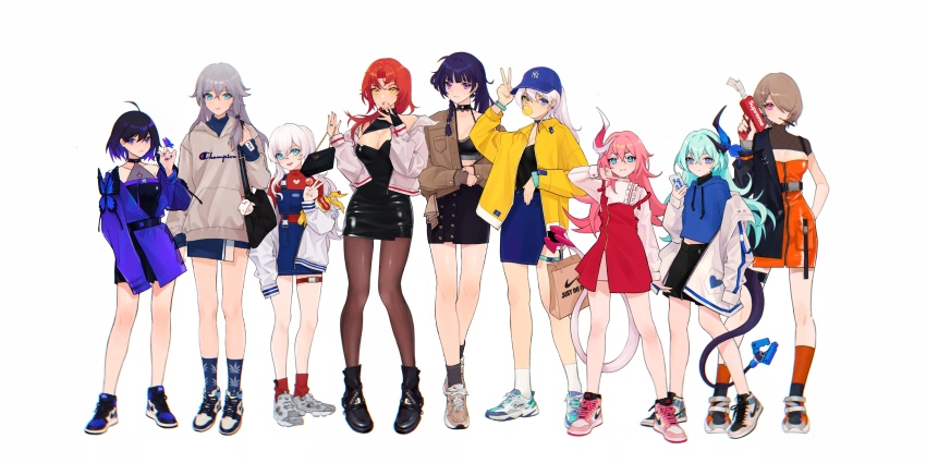 6+girls ahoge air_jordan air_jordan_1 bag bare_legs baseball_cap black_dress black_hair black_skirt blowing_bubbles blue_butterfly blue_eyes blue_hair blue_skirt breasts brown_hair brown_legwear bug butterfly casual choker cleavage commentary_request dress female_focus fu_hua full_body hair_between_eyes hair_over_one_eye hair_over_shoulder handbag hat heterochromia high_ponytail highres homu_(honkai_impact) honkai_(series) honkai_impact_3rd horns insect jacket kiana_kaslana liliya_olenyeva lineup long_sleeves looking_at_viewer low_ponytail mole mole_on_breast mole_under_eye multiple_girls murata_himeko nike_(company) pantyhose pink_hair ponytail purple_eyes raiden_mei red_hair reebok rita_rossweisse rozaliya_olenyeva seele_vollerei shoes shopping_bag short_dress silver_hair simple_background single_horn skirt sneakers socks standing tail theresa_apocalypse tutou_jiang v white_background yellow_eyes