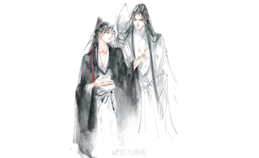 2boys absurdres black_hair black_hanfu chinese_clothes closed_mouth collarbone faux_traditional_media grey_eyes guqin hair_ribbon half-closed_eyes hand_up hanfu headband height_difference high_ponytail highres ink_wash_painting instrument_on_back kcllzas163 lan_wangji long_hair long_sleeves looking_at_another male_focus modao_zushi multiple_boys parted_lips ponytail red_ribbon ribbon robe simple_background smile standing talking third-party_source watermark wei_wuxian weibo_watermark white_background white_hanfu white_headband wide_sleeves yaoi