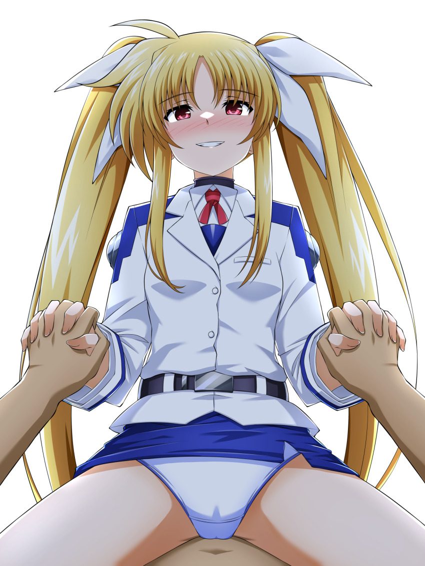 ahoge alternate_costume belt belt_buckle blonde_hair blush buckle cameltoe eyebrows_hidden_by_hair fate_testarossa grin hair_ribbon highres holding_hands long_hair long_sleeves looking_at_viewer lyrical_nanoha mahou_shoujo_lyrical_nanoha oshimaru026 panties pencil_skirt red_eyes red_ribbon ribbon sidelocks simple_background skirt smile straddling tsab_air_military_uniform twintails underwear very_long_hair white_background white_panties white_ribbon