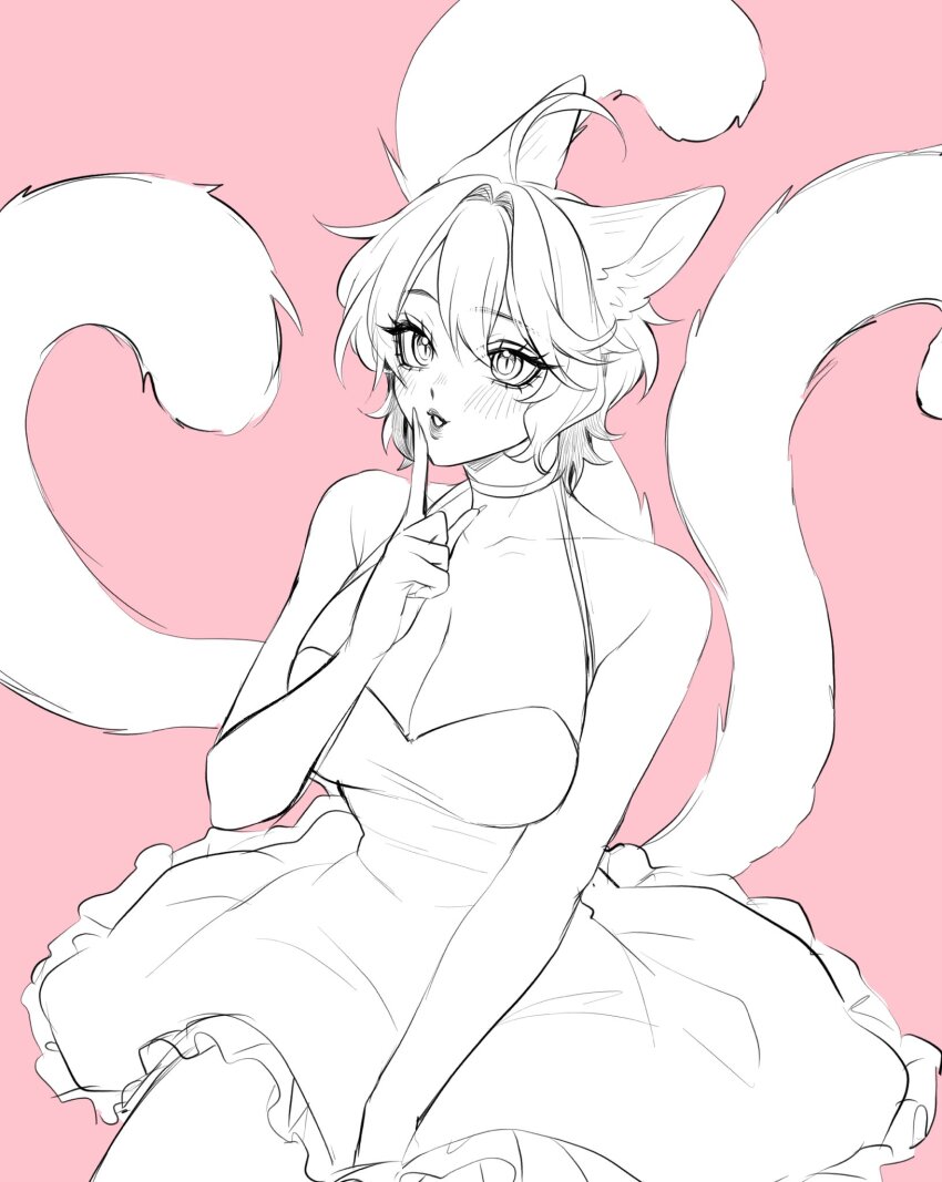 1girl aegyo_sal ahoge alternate_costume animal_ears arm_between_legs bare_arms bare_shoulders breasts cat_ears cat_girl cat_tail choker cleavage collarbone commentary cowboy_shot cross-eyed double-parted_bangs dress english_commentary eyelashes finger_to_own_chin frilled_dress frills from_above greyscale_with_colored_background grin hair_between_eyes hair_intakes hand_up hatching_(texture) highres huge_ahoge index_finger_raised large_breasts lips original pink_background sasucchi95 short_hair simple_background sitting sleeveless sleeveless_dress slit_pupils smile solo tail tri_tails tsurime youko_(sasucchi95)