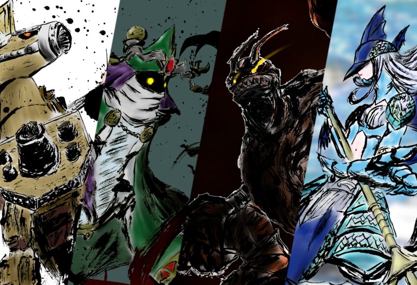 ancientmermaimon ancienttroiamon ancientvolcamon ancientwisemon armor digimon digimon_(creature) digimon_frontier highres ten_legendary_warriors yellow_eyes
