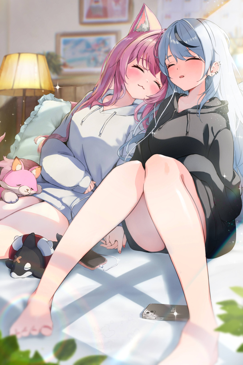2girls :3 absurdres alternate_costume animal_ears black_hoodie blush breasts cellphone closed_eyes closed_mouth collarbone commentary_request desk_lamp feet fingernails glint grey_hair hakui_koyori head_tilt highres holding_hands hololive hood hoodie indoors inu_(sakamata_chloe) knees_up kokoro_(hakui_koyori) lamp large_breasts lens_flare light_particles long_hair multicolored_hair multiple_girls nail_polish open_mouth phone picture_frame pink_hair pink_nails plant saka_mikatsuki sakamata_chloe sitting sleeping smartphone tail thighs toenail_polish toenails toes two-tone_hair virtual_youtuber white_hoodie wolf_ears wolf_girl wolf_tail yuri