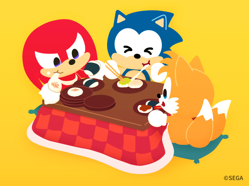 3boys artist_request blue_eyes blue_fur chibi chibi_only chopsticks closed_eyes closed_mouth commentary_request copyright_name copyright_notice eating english_text food food_on_face food_request fox_boy gloves hedgehog_boy highres holding holding_chopsticks holding_food knuckles_the_echidna kotatsu looking_at_food looking_down multiple_boys multiple_tails no_lineart official_art on_pillow open_mouth orange_fur orange_tail plate purple_eyes red_fur sega simple_background sitting sonic_&amp;_friends sonic_(series) sonic_the_hedgehog sonic_the_hedgehog_official spiked_knuckles table tail tails_(sonic) two_tails white_gloves white_tail yellow_background