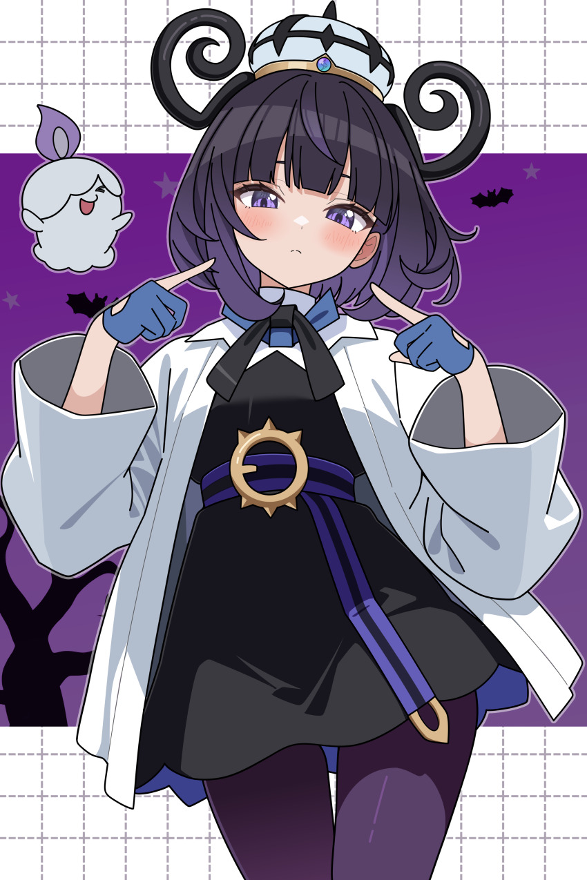 1girl absurdres black_dress black_hair blue_gloves blunt_bangs bob_cut breasts closed_eyes closed_mouth coat dress fire gen_5_pokemon gloves gradient_hair gwynn_(pokemon) hat highres litwick long_sleeves looking_at_viewer mega_stone multicolored_hair nintendo odorukaminoke open_clothes open_coat open_mouth pantyhose partially_fingerless_gloves pokemon pokemon_(creature) pokemon_legends:_z-a purple_eyes purple_fire purple_hair short_hair small_breasts smile white_coat