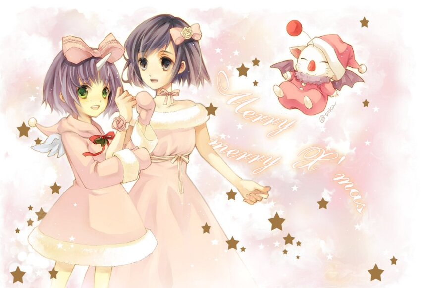 2girls alternate_costume black_hair bob_cut bow christmas closed_eyes commentary_request corsage creature dress eiko_carol final_fantasy final_fantasy_ix flower flying fur-trimmed_dress fur_trim garnet_til_alexandros_xvii green_eyes grey_eyes hair_bow hands_up happy hat holly horns looking_at_another merry_christmas mini_wings mittens mog multiple_girls neck_ribbon off-shoulder_dress off_shoulder onesie open_mouth pink_background pink_bow pink_dress pink_flower pink_mittens pink_ribbon pink_rose purple_hair quichi_91 red_ribbon ribbon rose santa_hat signature single_horn sleeveless sleeveless_dress smile standing star_(symbol) teeth upper_body upper_teeth_only white_flower white_fur white_rose white_wings wings winter_clothes