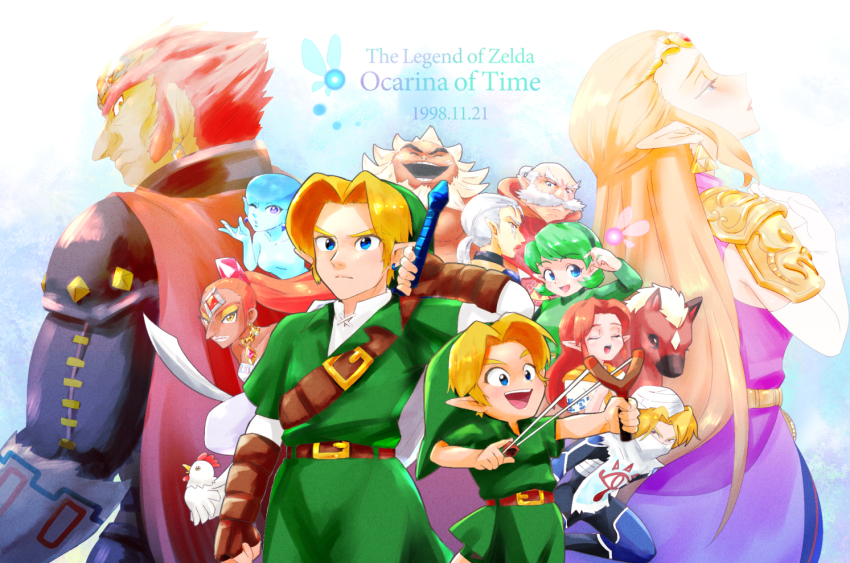 4boys 6+girls :d bald belt blonde_hair blue_eyes blue_skin circlet closed_eyes colored_skin cucco dark_skin darunia dated epona erotani facial_hair fairy fingerless_gloves ganondorf gloves goron green_hair hand_up impa laughing link malon multiple_boys multiple_girls music mustache nabooru navi nintendo open_mouth pointy_ears princess_ruto princess_zelda purple_eyes red_hair saria_(zelda) sheik singing slingshot_(weapon) smile sword the_legend_of_zelda the_legend_of_zelda:_ocarina_of_time tunic weapon white_hair young_link