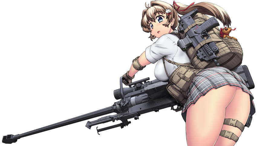 1girl ass bent_over blue_eyes breasts brown_gloves brown_hair cat_hair_ornament commentary_request elbow_pads gloves gun hair_intakes hair_ornament hase_yu holding holding_gun holding_weapon large_breasts lizard long_hair microphone original plaid_clothes plaid_skirt pleated_skirt ponytail pouch shirt skirt solo submachine_gun thigh_strap weapon white_shirt