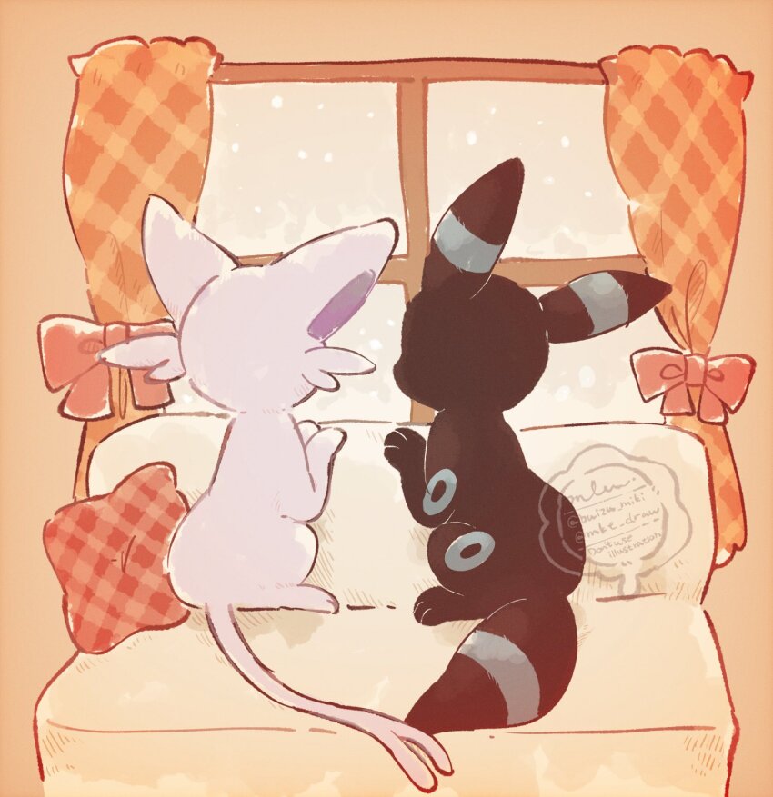 alternate_color animal_focus bow check_commentary commentary_request couch espeon forked_tail full_body game_freak gen_2_pokemon highres mkt_(buizu-miki) nintendo no_humans pillow pokemon pokemon_(creature) shiny_pokemon snowing tail twitter_username umbreon window