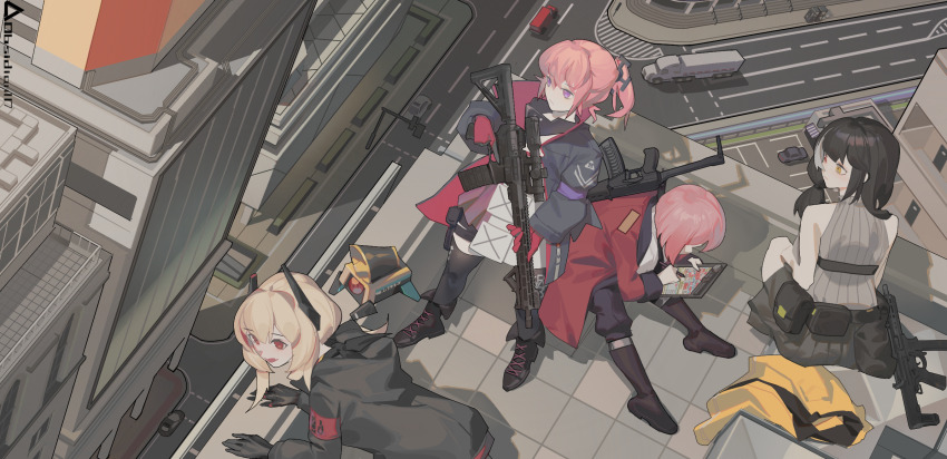 4girls ar-15 armband as_val assault_rifle banana_(girls&#039;_frontline) bare_shoulders black_gloves black_hair black_jacket black_necktie black_skirt blonde_hair building car city coat colt_9mm_smg commentary_request female_commander_(girls&#039;_frontline) girls&#039;_frontline gloves grey_hair griffin_&amp;_kryuger_military_uniform gun hair_between_eyes hair_ornament headgear highres holding holding_gun holding_tablet_pc holding_weapon jacket kalashnikov_rifle long_hair long_sleeves looking_down m4_sopmod_ii_(girls&#039;_frontline) megaphone motor_vehicle multi-lane_road multicolored_hair multiple_girls necktie non-humanoid_robot obsidian117 on_roof open_mouth pink_hair red_armband red_coat red_eyes red_gloves red_hair rifle ro635_(girls&#039;_frontline) road robot scope shadow shirt sitting_on_roof skirt sleeveless sleeveless_sweater smile st_ar-15_(girls&#039;_frontline) standing_on_roof streaked_hair street submachine_gun sweater tablet_pc two-tone_hair unworn_jacket weapon white_shirt