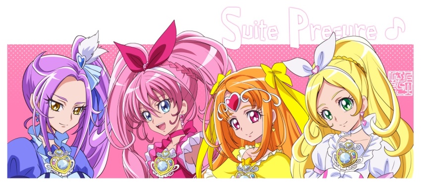 4girls artist_logo blonde_hair blue_choker blue_eyes bow choker commentary_request copyright_name cure_beat cure_melody cure_muse_(yellow) cure_rhythm dress earrings eyelashes frilled_shirt frills green_eyes hair_bow hair_ornament hairband happy high_ponytail high_side_ponytail houjou_hibiki jewelry kamikita_futago kurokawa_eren logo looking_at_viewer magical_girl minamino_kanade multiple_girls orange_hair pink_bow pink_choker pink_eyes pink_hair pink_shirt ponytail precure puffy_short_sleeves puffy_sleeves purple_hair seiren_(suite_precure) shirabe_ako shirt short_sleeves side_ponytail signature smile suite_precure twintails white_choker white_dress yellow_bow yellow_choker yellow_eyes