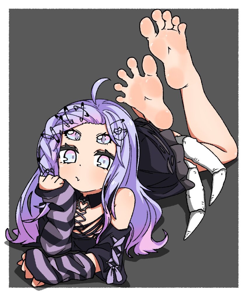 1girl amiya_aranha amiya_aranha_(2nd_costume) arthropod_girl arthropod_limbs barefoot black_skirt border clothing_cutout colored_tips commentary commission corset_piercing cowlick detached_collar detached_sleeves english_commentary extra_eyes feet foot_focus grey_background highres indie_virtual_youtuber insect_girl looking_at_viewer lying multicolored_hair nairo official_alternate_costume on_stomach pout purple_eyes purple_hair purple_ribbon ribbon second-party_source shoulder_cutout skeb_commission skirt sleeves_past_wrists soles solo spider_girl spread_toes the_pose toes virtual_youtuber white_border