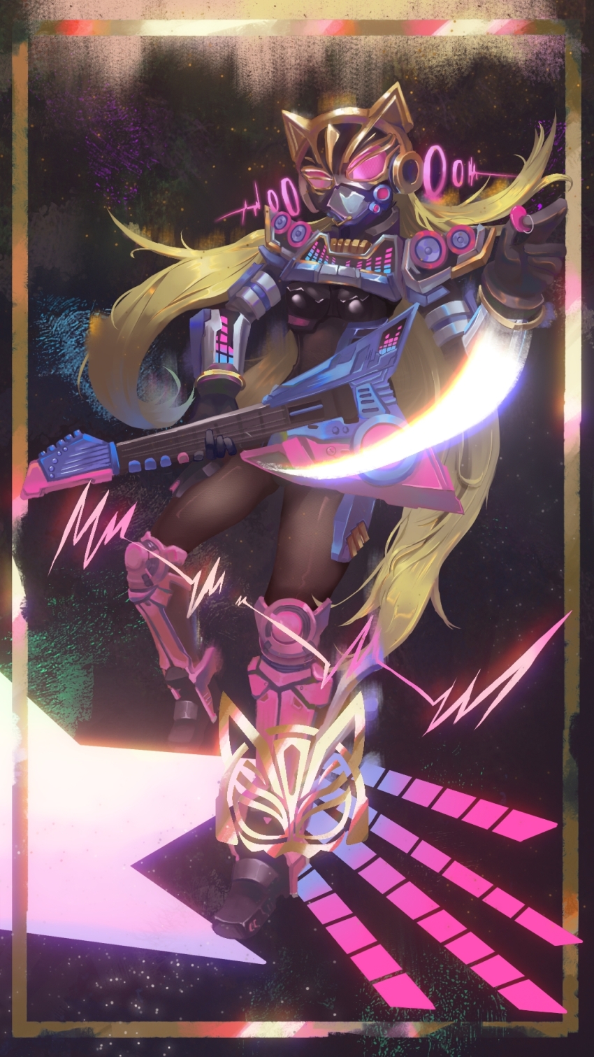 1girl armor beat_axe beat_buckle black_background blonde_hair breasts full_body guitar highres holding holding_instrument instrument kamen_rider kamen_rider_geats_(series) kamen_rider_na-go long_hair looking_at_viewer medium_breasts open_hand pink_eyes power_armor roxas_(1258062076) solo tail tokusatsu white_background wide_hips