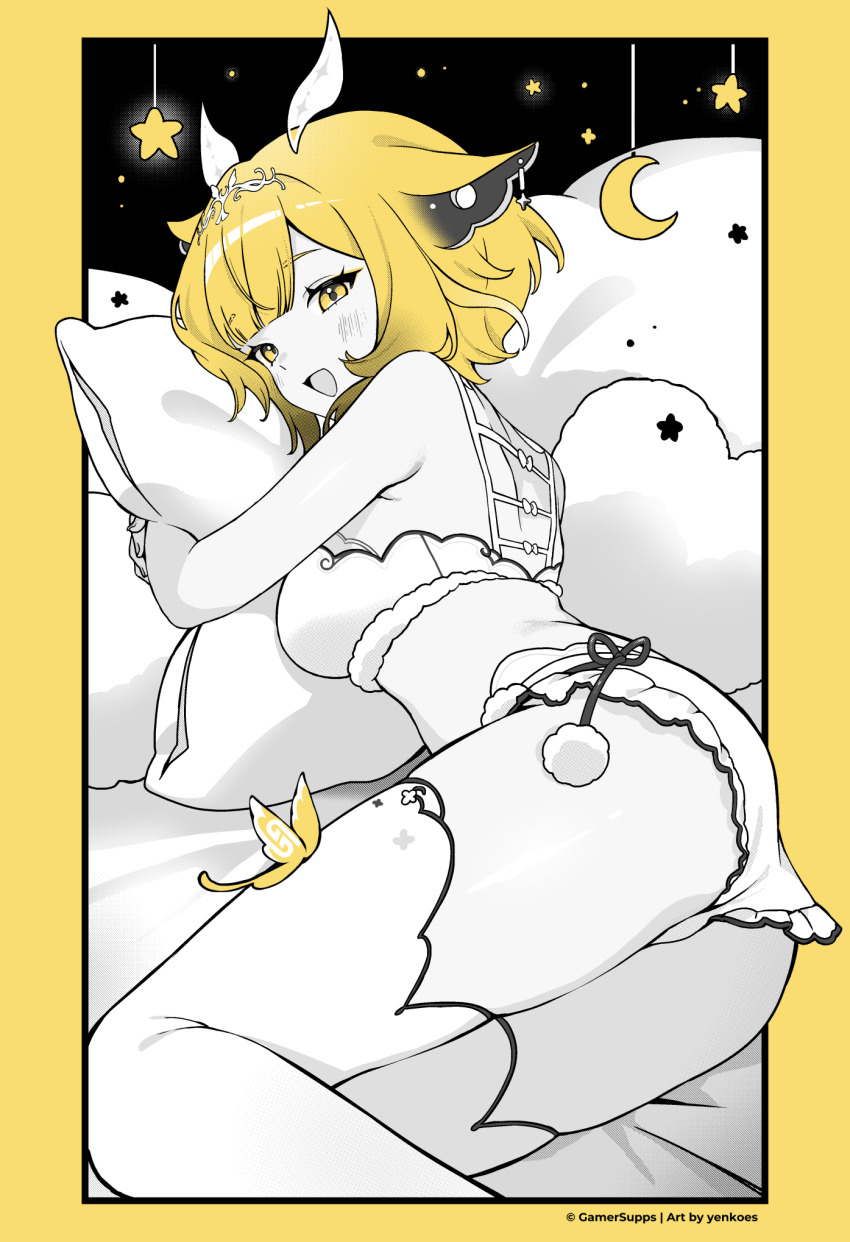 1girl :d animal_ears blonde_hair breasts crescent frilled_shorts frills greyscale highres horns hugging_object indie_virtual_youtuber lying medium_breasts medium_hair monochrome on_side open_mouth pillow pillow_hug sanagi_yuzu_(lunar_princess) shorts smile solo spot_color star_(symbol) thighhighs virtual_youtuber yellow_eyes yenkoes