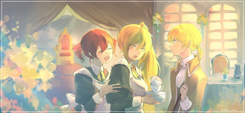 1boy 2girls ^_^ akita_neru aku_no_meshitsukai_(vocaloid) allen_avadonia anniversary apron black_dress blonde_hair blurry chartette_langley closed_eyes collared_jacket collared_shirt cup curtains depth_of_field dishes dress drill_hair evillious_nendaiki flower frilled_apron frills hair_between_eyes highres jacket jar kagamine_len kasane_teto long_hair maid maid_apron multiple_girls ney_phutapie open_mouth plate ponytail red_hair shirt short_ponytail side_ponytail smile teacup throne tomari_drew twin_drills twitter_username vase very_long_hair vocaloid white_apron window yellow_eyes yellow_jacket