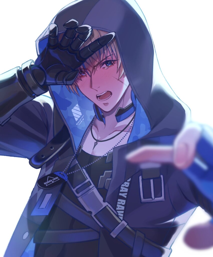 1boy arm_up belt black_belt black_shirt blonde_hair blue_eyes blue_gloves blue_hair blurry blurry_foreground blush camouflage chest_belt coat collarbone commentary commentary_request crying crying_with_eyes_open dog_tags english_commentary facial_scar fingerless_gloves gloves grey_coat hair_between_eyes headphones headphones_around_neck highres hood hood_up hooded_coat jewelry lee:_entropy_(pgr) lee_(pgr) looking_at_viewer male_focus mechanical_arms mixed-language_commentary multicolored_hair necklace open_clothes open_coat open_mouth outstretched_arm outstretched_hand punishing:_gray_raven scar scar_on_cheek scar_on_face shirt short_hair simple_background single_glove single_mechanical_arm solo streaked_hair tears teeth toi_pngr two-sided_coat two-sided_fabric upper_body v-shaped_eyebrows white_background