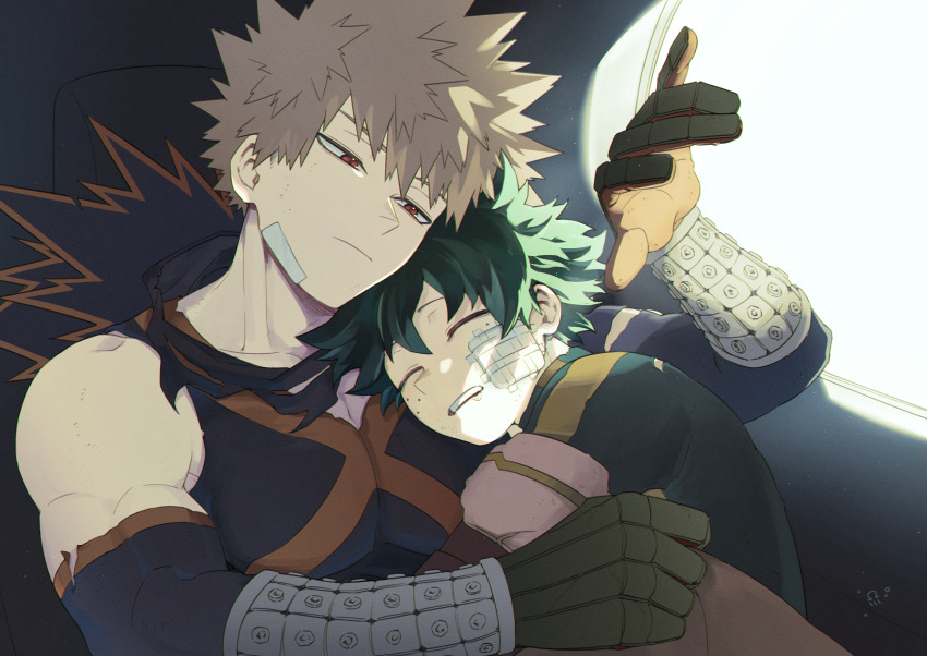 2boys absurdres aranciojelyfish artist_logo bakugou_katsuki biceps black_mask black_sleeves blanket blonde_hair bloom bodysuit boku_no_hero_academia car_interior car_seat chin_rest chromatic_aberration closed_eyes commentary commentary_request detached_sleeves drooling english_commentary eye_mask eyebrows_hidden_by_hair film_grain freckles frown gauze gauze_on_face gift_art gloves green_bodysuit green_gloves green_hair hair_between_eyes hands_up head_on_head head_rest head_tilt highres holding holding_blanket logo looking_at_another looking_to_the_side male_focus mask mask_around_neck midoriya_izuku multiple_boys narrowed_eyes on_person open_mouth orange_gloves partial_commentary partially_shaded_face pectoral_cleavage pectorals red_eyes red_pupils saliva scratches shielding short_hair sidelighting sideways_glance single_vertical_stripe sitting skin_tight sleeping sleeping_on_person sleeping_upright sleeveless spiked_hair spoilers swept_bangs tank_top teeth toned toned_male torn_bodysuit torn_clothes torn_sleeve two-tone_bodysuit two-tone_gloves under_covers unworn_headgear upper_body upper_teeth_only v-neck window wrist_guards x yaoi